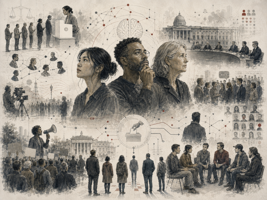 Research-grade illustration of personality and political behavior, showing citizens, political discussion, voting, civic institutions, protest, deliberation, media, social networks, and individual differences in political judgment.