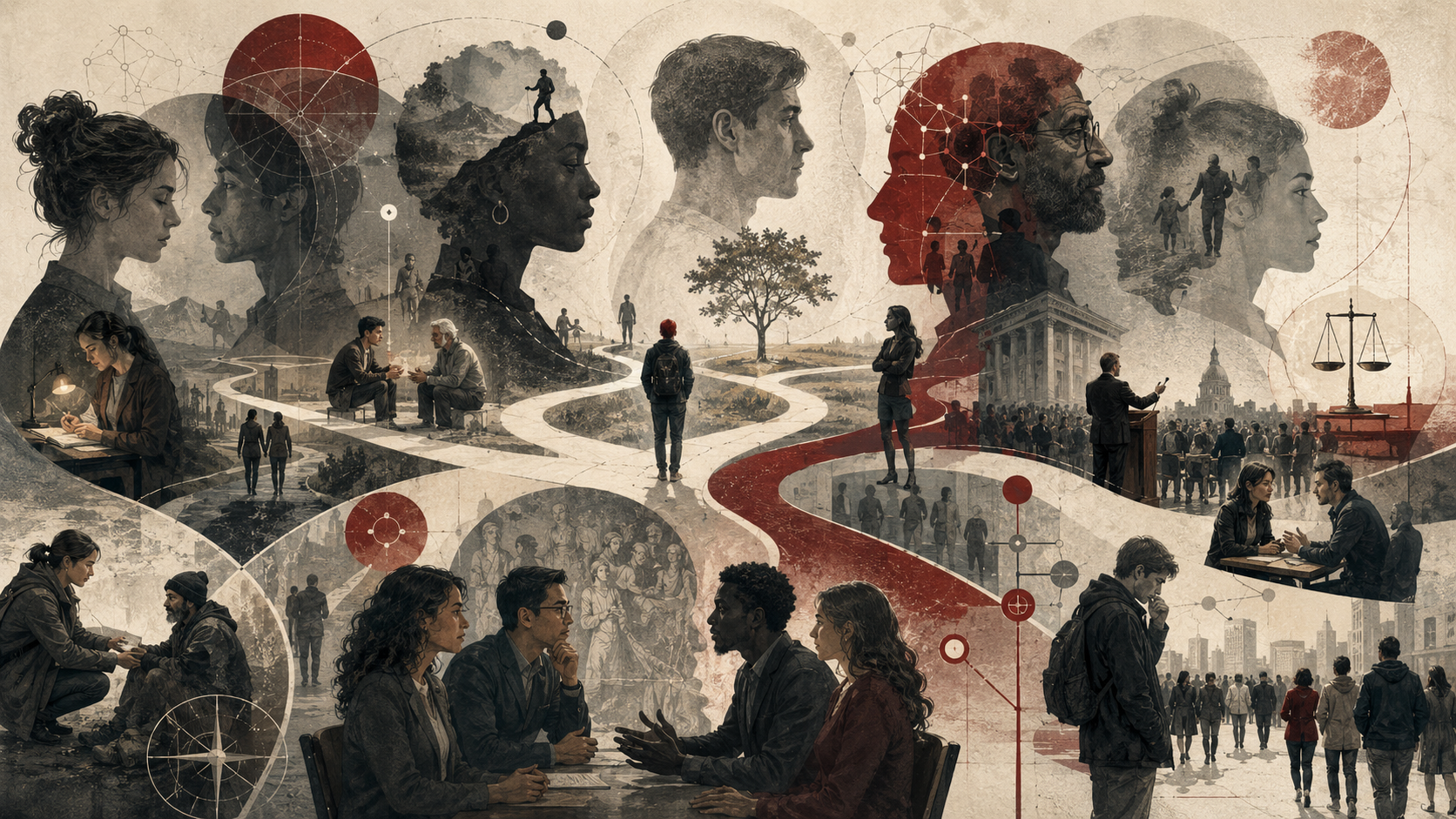 Editorial illustration of personality, character, and moral life, showing diverse human profiles, branching life paths, dialogue scenes, justice scales, civic institutions, and symbolic inner landscapes.