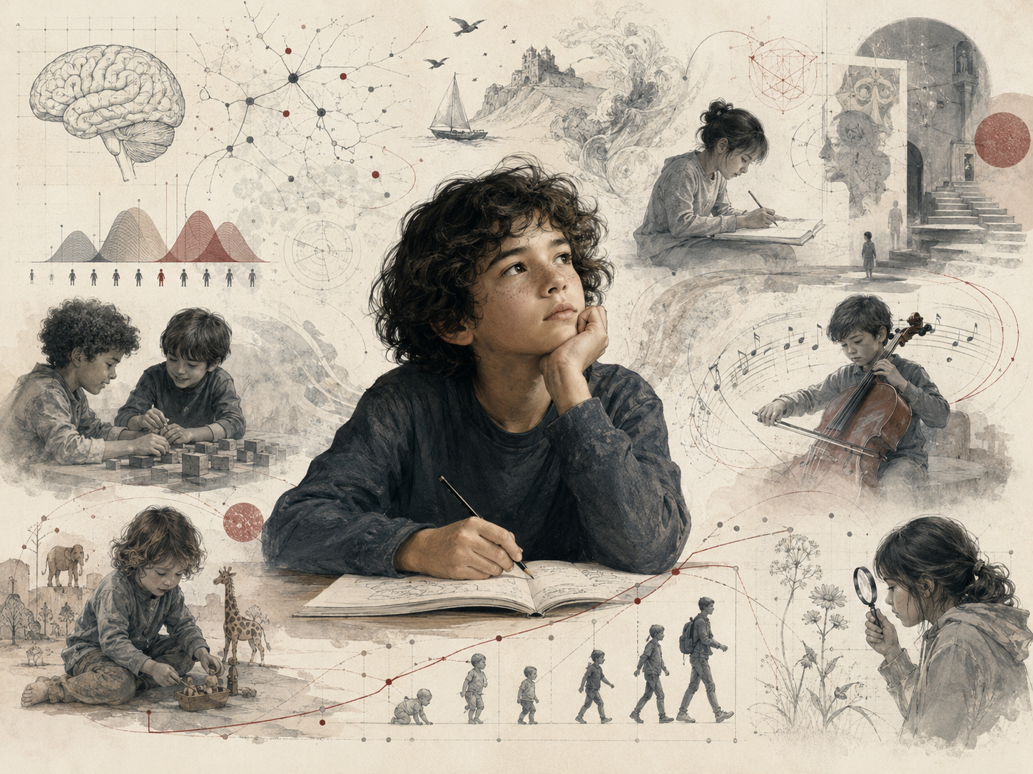 Research-grade illustration of personality, creativity, and imagination in development, showing a child drawing and reflecting amid visual motifs of brain networks, play, music, storytelling, exploration, and individual developmental pathways.