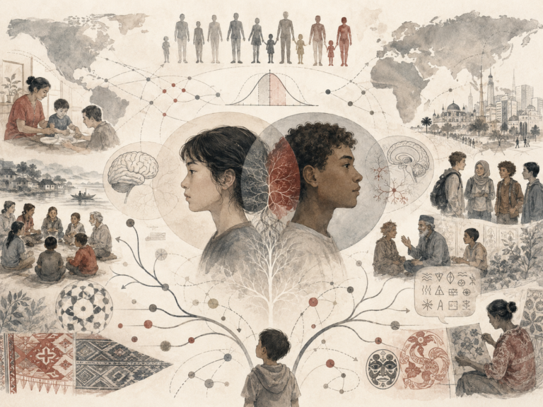 Research-grade illustrative image showing personality and culture through stylized human figures, cross-cultural community scenes, world maps, symbolic motifs, and branching developmental pathways that question universal models of personality.