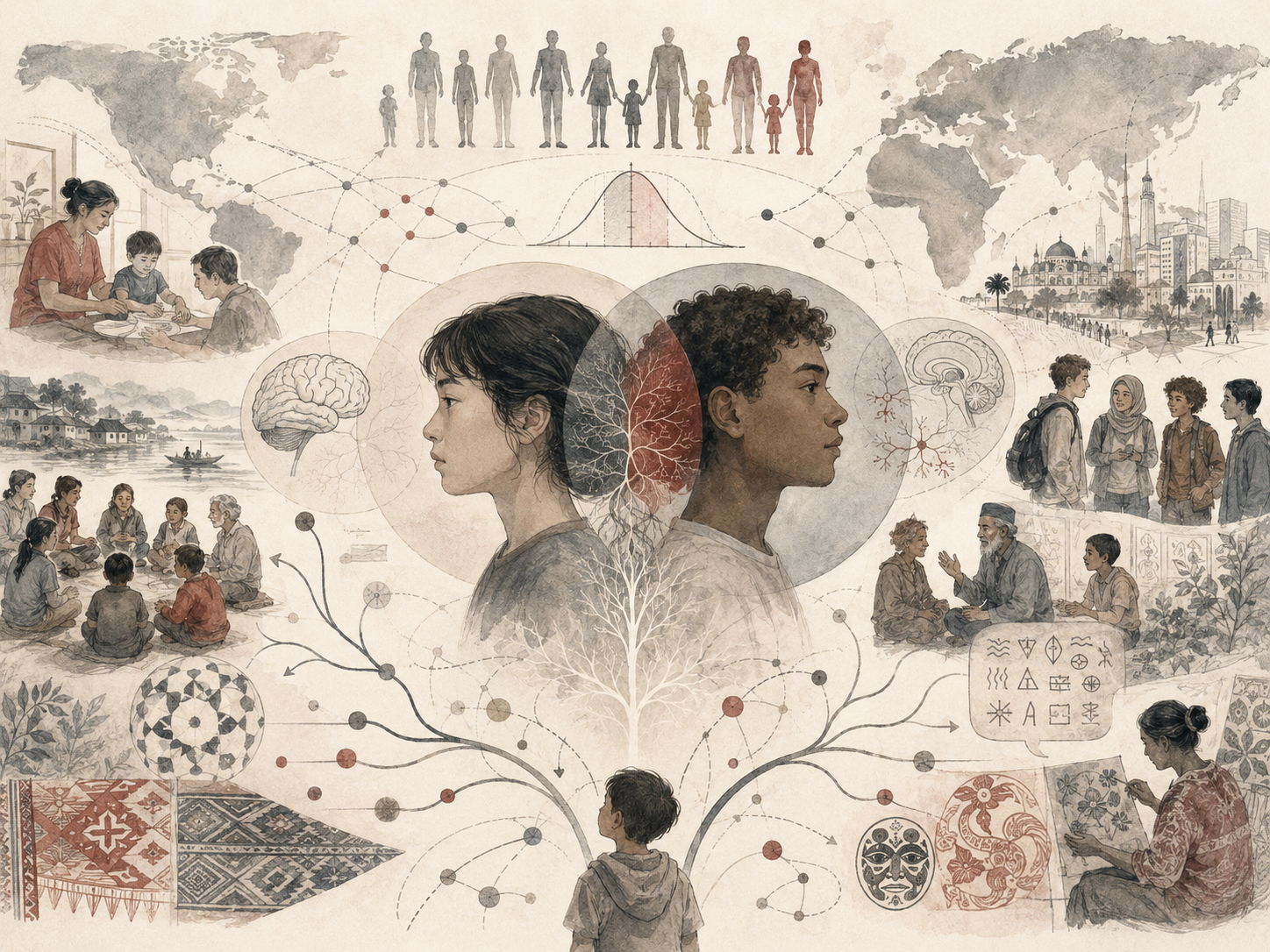 Research-grade illustrative image showing personality and culture through stylized human figures, cross-cultural community scenes, world maps, symbolic motifs, and branching developmental pathways that question universal models of personality.