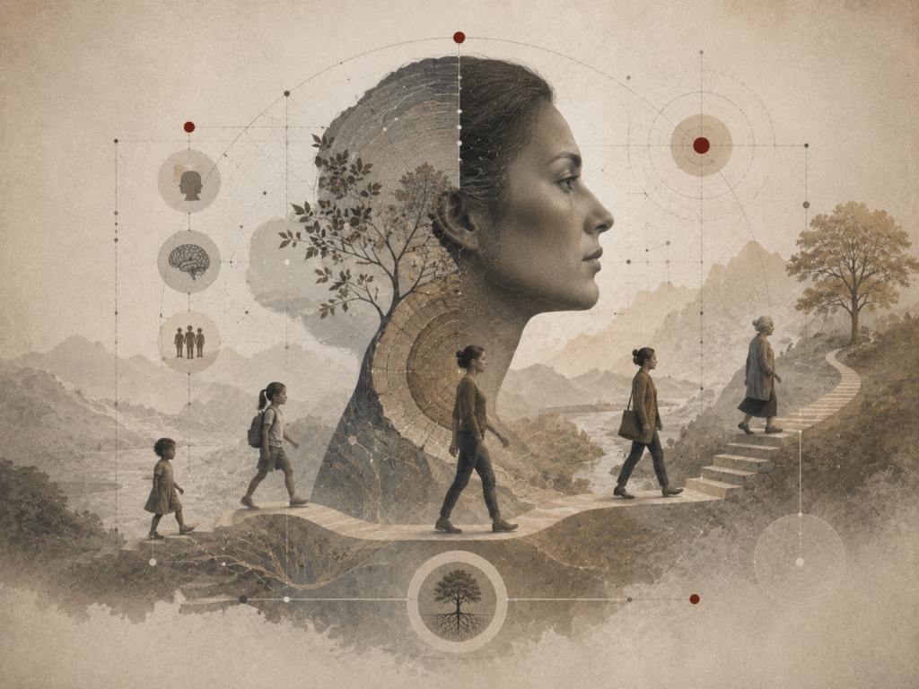 Restrained institutional illustration of a human profile surrounded by life-stage figures, pathways, trees, and developmental diagrams representing personality development across the lifespan.