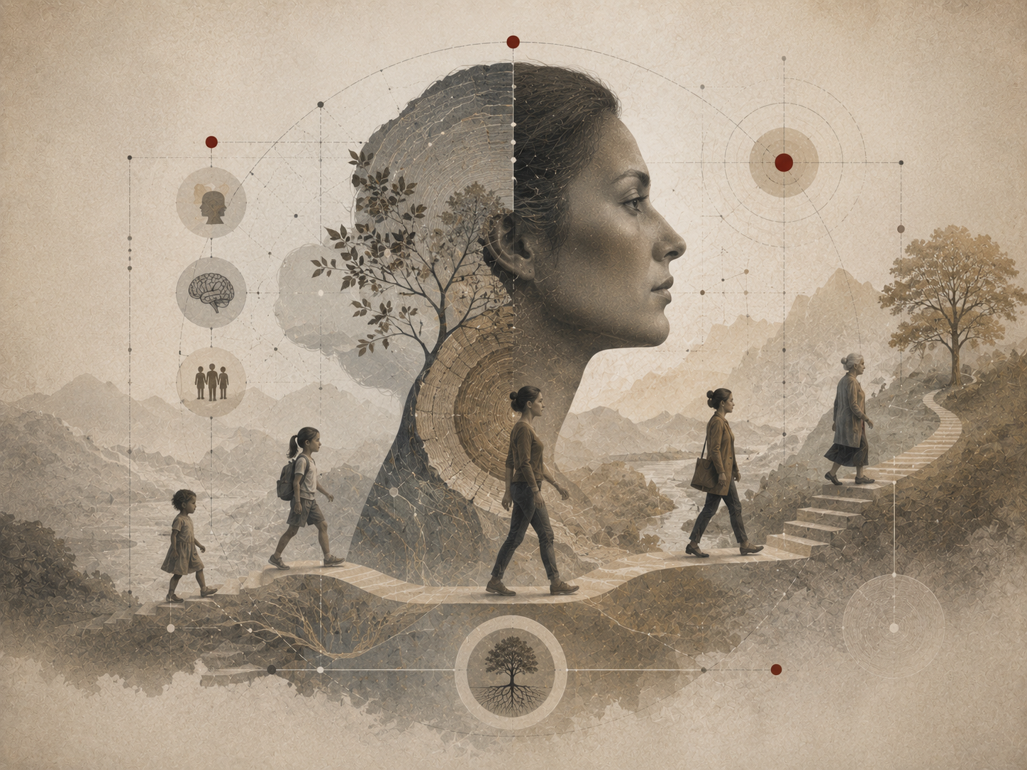Restrained institutional illustration of a human profile surrounded by life-stage figures, pathways, trees, and developmental diagrams representing personality development across the lifespan.