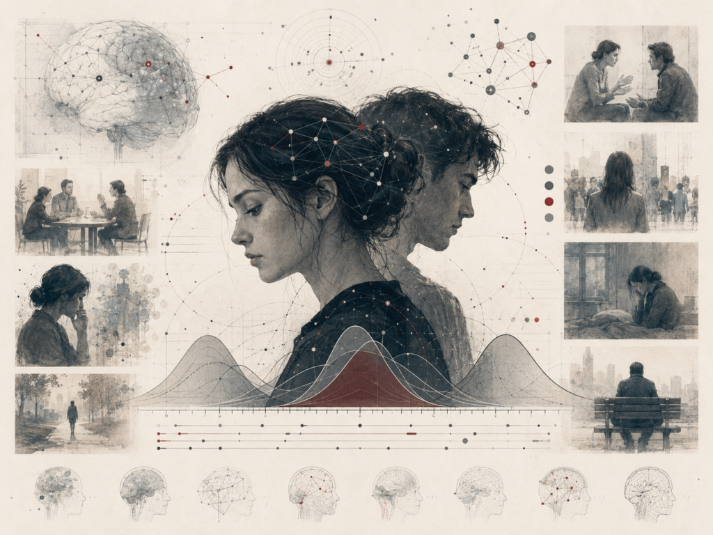 Research-grade illustration of personality disorders and dimensional diagnosis, showing reflective human figures, brain-network diagrams, clinical conversations, emotional distress, social functioning, and dimensional trait distributions.