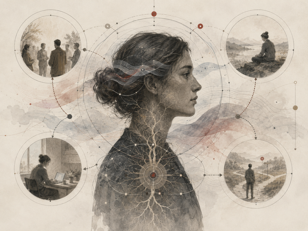 Restrained institutional illustration of a human profile surrounded by situational vignettes, flowing lines, branching networks, and circular diagrams representing traits, states, and personality variability.