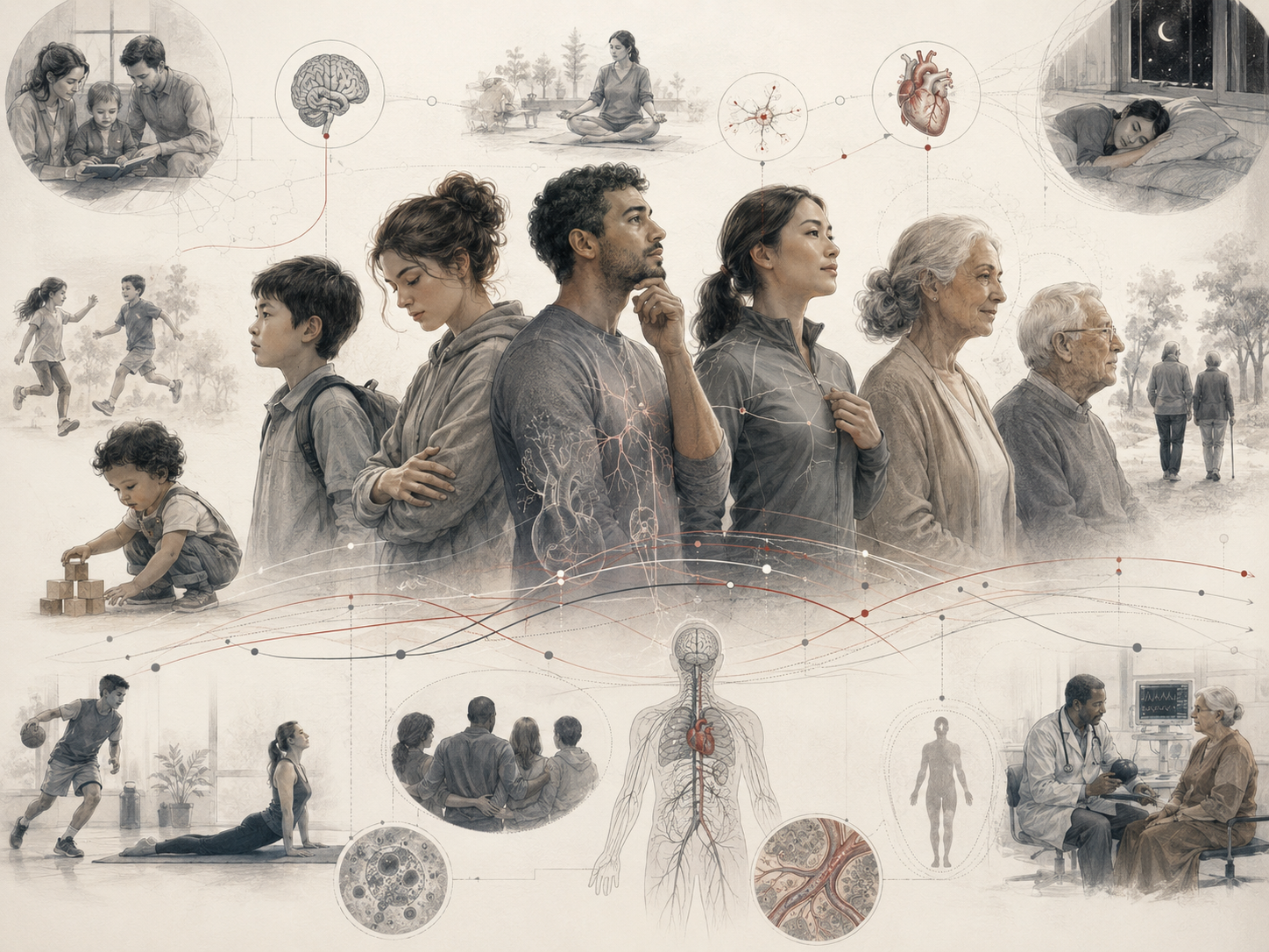 Research-grade illustration of personality and physical health across the lifespan, showing children, adults, and older adults alongside motifs of brain-body connection, cardiovascular health, sleep, movement, stress, care, and social support.