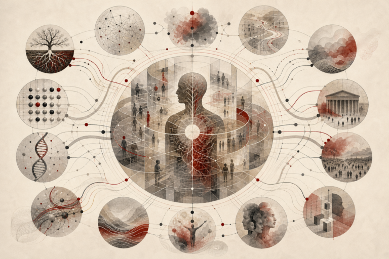 Editorial scientific illustration of personality psychology as a structured model of personhood, showing trait architecture, temperament, identity, self-concept, psychometrics, motivation, development, pathology, and personality change.