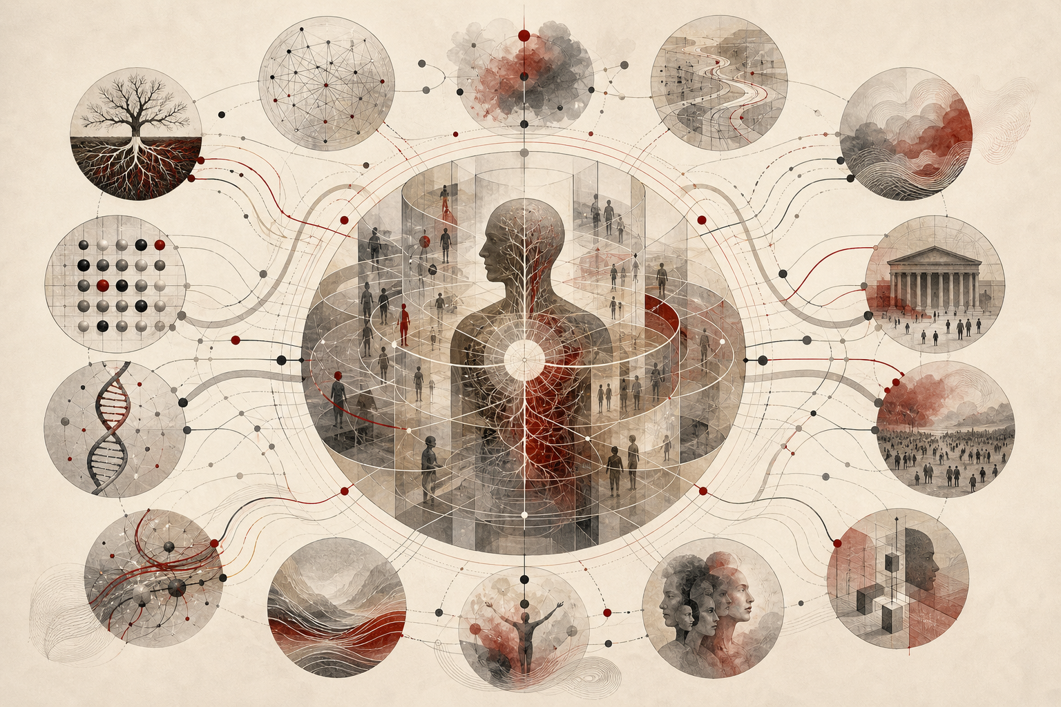 Editorial scientific illustration of personality psychology as a structured model of personhood, showing trait architecture, temperament, identity, self-concept, psychometrics, motivation, development, pathology, and personality change.