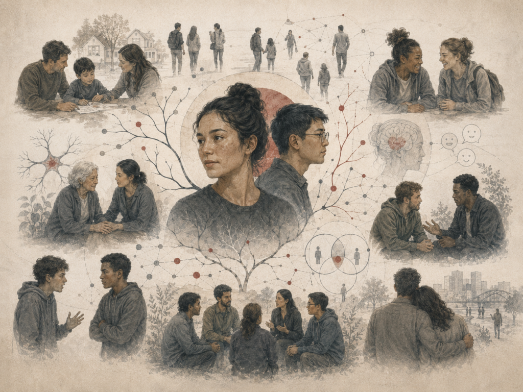 Research-grade illustration of personality and social functioning, showing interpersonal relationships, family interaction, friendship, conflict, support, communication, social networks, and emotional connection.
