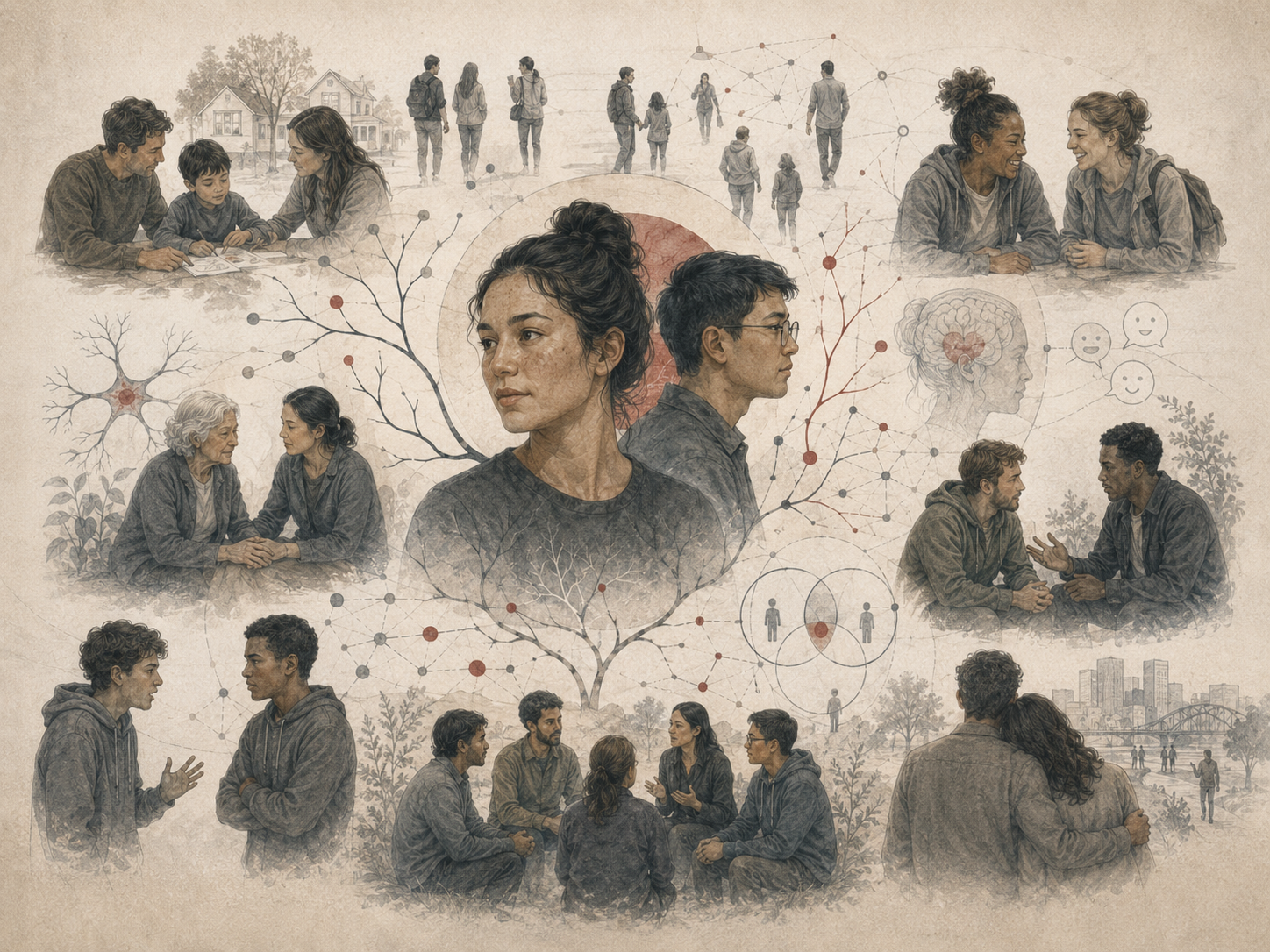 Research-grade illustration of personality and social functioning, showing interpersonal relationships, family interaction, friendship, conflict, support, communication, social networks, and emotional connection.