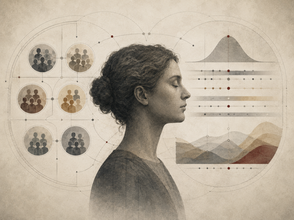 Restrained institutional illustration of a human profile between categorical personality type groupings and dimensional trait distributions, representing different models of personality structure.