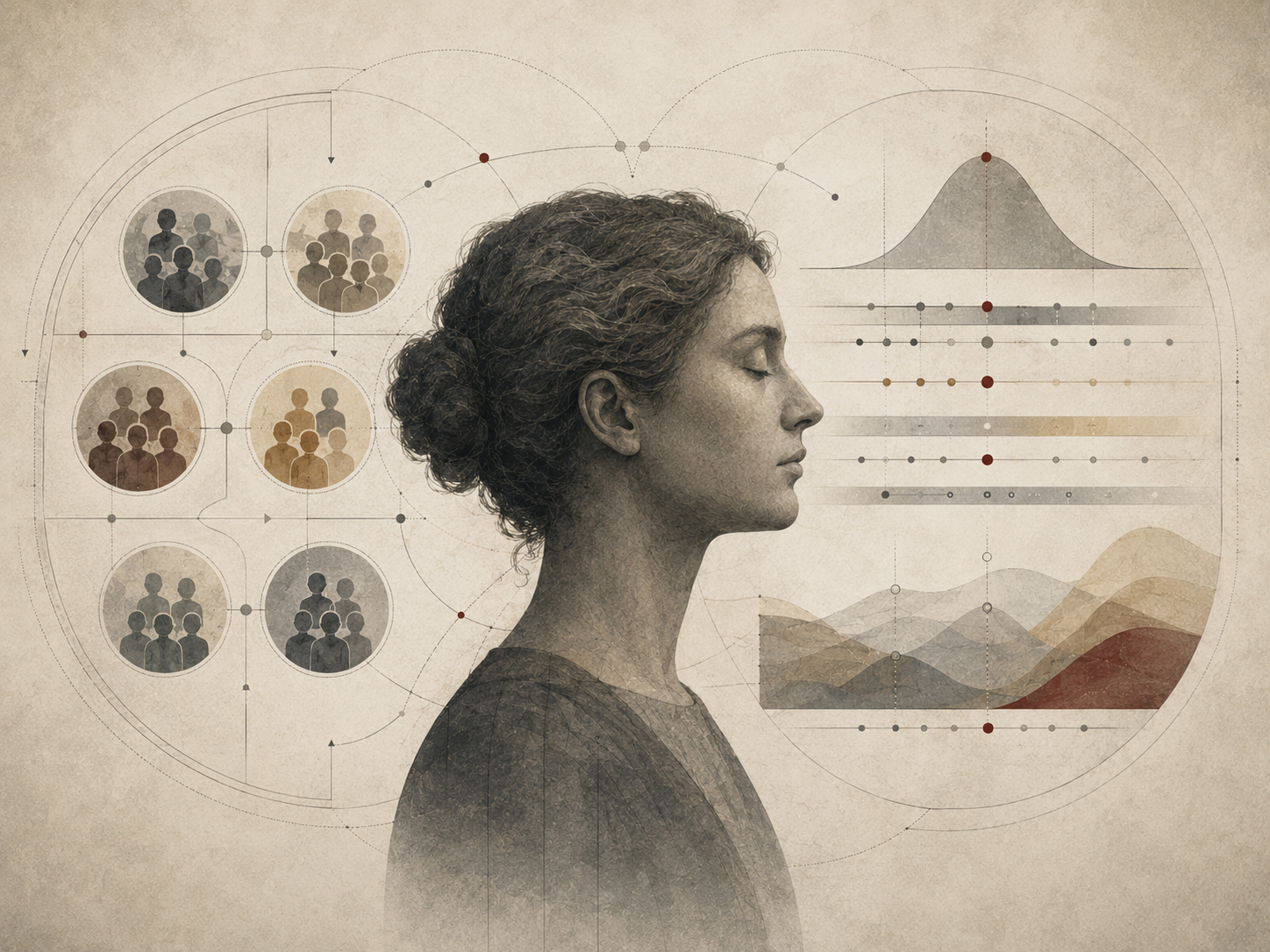 Restrained institutional illustration of a human profile between categorical personality type groupings and dimensional trait distributions, representing different models of personality structure.