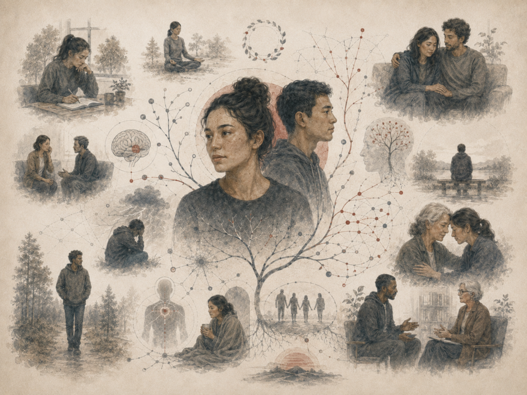 Research-grade illustration of personality, wellbeing, and mental health, showing reflective figures, emotional support, therapy, solitude, stress, resilience, brain-body regulation, and social connection.