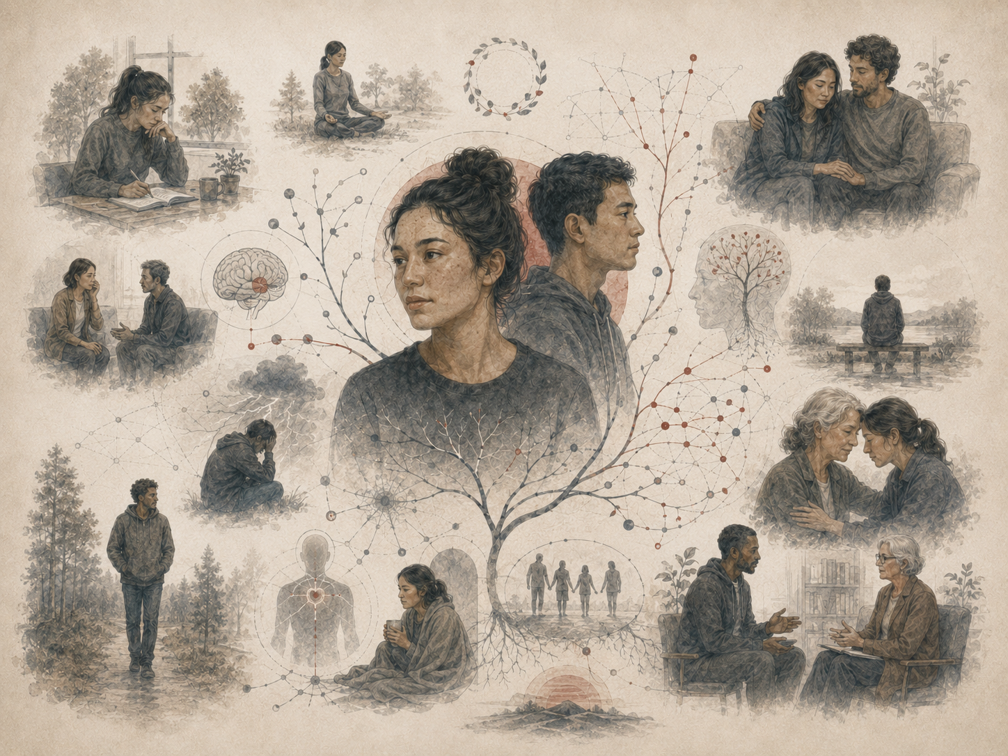 Research-grade illustration of personality, wellbeing, and mental health, showing reflective figures, emotional support, therapy, solitude, stress, resilience, brain-body regulation, and social connection.