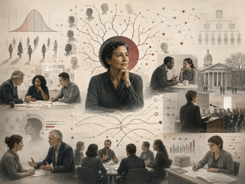 Research-grade illustration of personality, work, and leadership, showing organizational decision-making, team collaboration, leadership roles, workplace relationships, social networks, institutional structures, and individual differences.