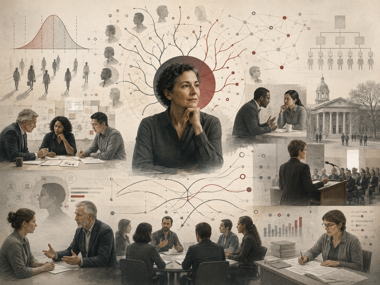 Research-grade illustration of personality, work, and leadership, showing organizational decision-making, team collaboration, leadership roles, workplace relationships, social networks, institutional structures, and individual differences.