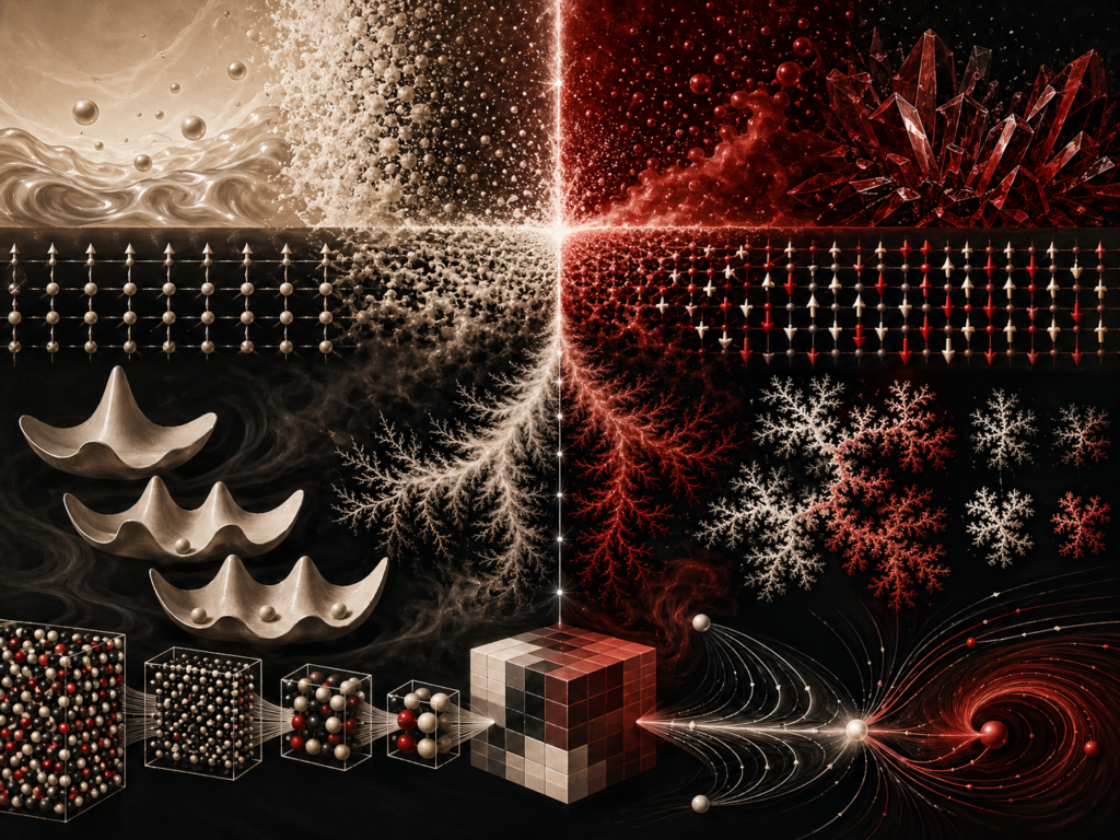 Editorial scientific illustration showing matter changing phase across ordered and disordered regions, lattice-like spin patterns, symmetry-breaking forms, branching critical fluctuations, coarse-graining blocks, and renormalization-flow pathways in black, cream, white, and deep red.
