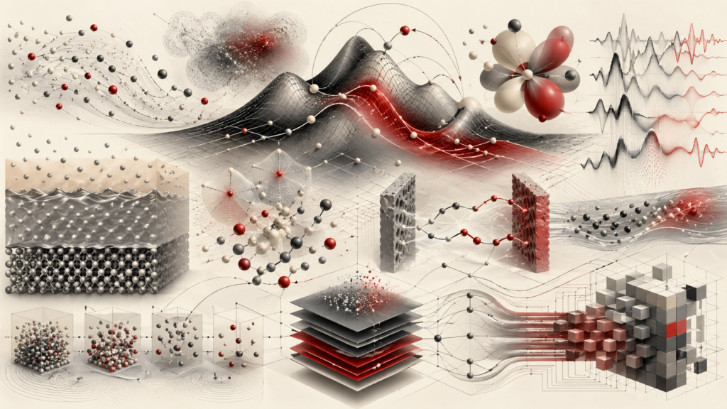 Abstract editorial scientific illustration of physical chemistry, molecular motion, energy landscapes, thermodynamic surfaces, quantum orbital fields, spectral waveforms, phase transitions, diffusion flows, electrochemical transport, statistical ensembles, and computational workflows in cream, gray, black, metallic charcoal, and deep red.