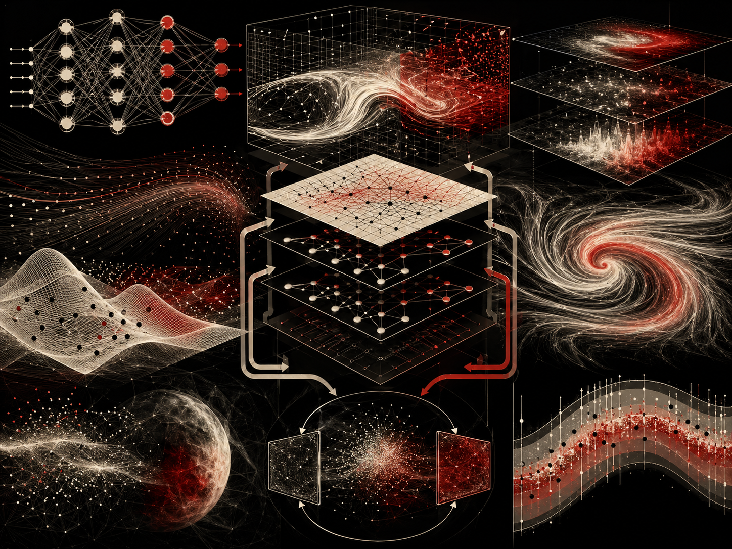 Editorial scientific illustration showing neural network structures integrated with simulation grids, surrogate model surfaces, uncertainty bands, inverse-problem loops, and physics-constrained computational pathways in a black, cream, white, and deep red palette.