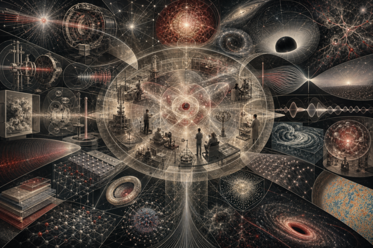 Editorial scientific illustration of physics as a natural-science architecture, showing physical law, measurement instruments, field structures, wave pathways, quantum probability fields, particle interactions, thermodynamic reservoirs, electromagnetic flows, fluid dynamics, material lattices, spacetime curvature, gravitational orbits, galaxy structures, cosmic filaments, scientific simulation, uncertainty, and reproducible physical inquiry.
