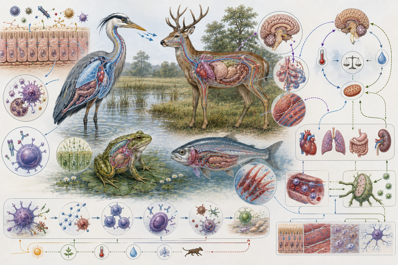 Research-grade systems biology illustration showing animals, tissue layers, organs, cellular pathways, immune signals, neural control, circulation, respiration, metabolism, and feedback loops with minimal text.