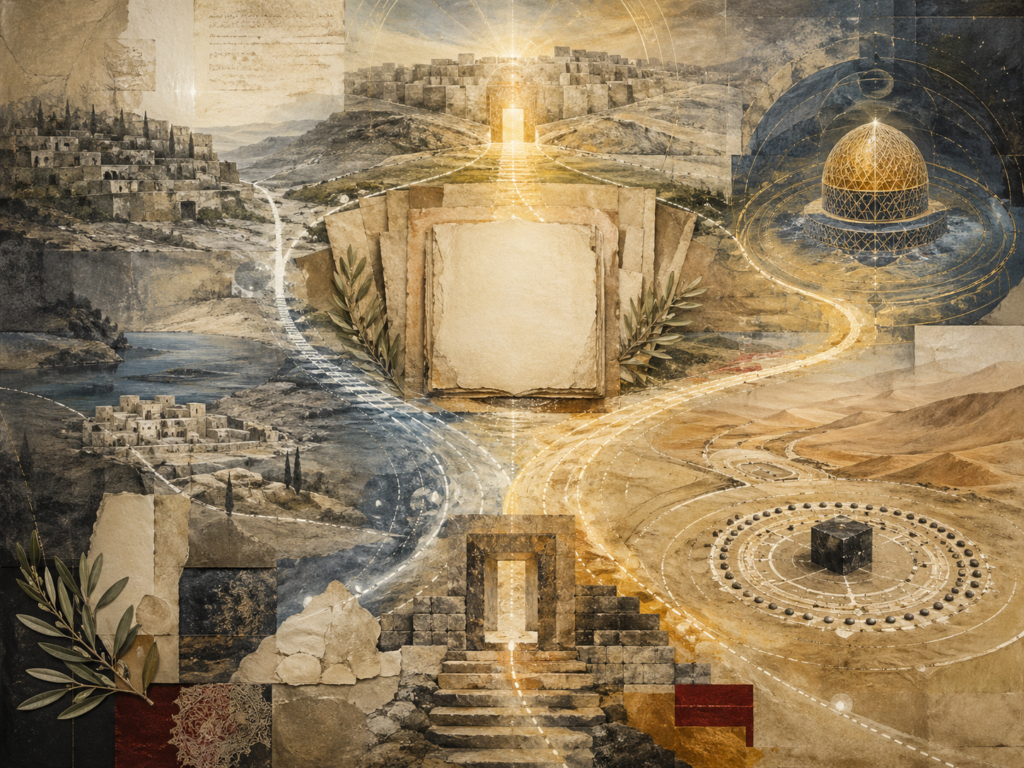 Non-figurative editorial illustration of luminous pilgrimage pathways, blank manuscripts, sacred threshold architecture, desert horizons, circular route geometry, water traces, olive branches, and abstract sanctuary forms representing pilgrimage, sacred geography, and the journey to God.