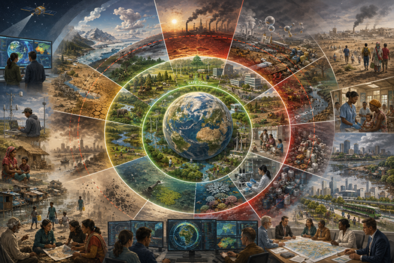 Editorial Earth-system illustration showing planetary boundaries, safe operating space, climate pressure, biosphere integrity, freshwater systems, land change, nutrient flows, ocean health, atmospheric change, novel entities, monitoring, governance, and stewardship.