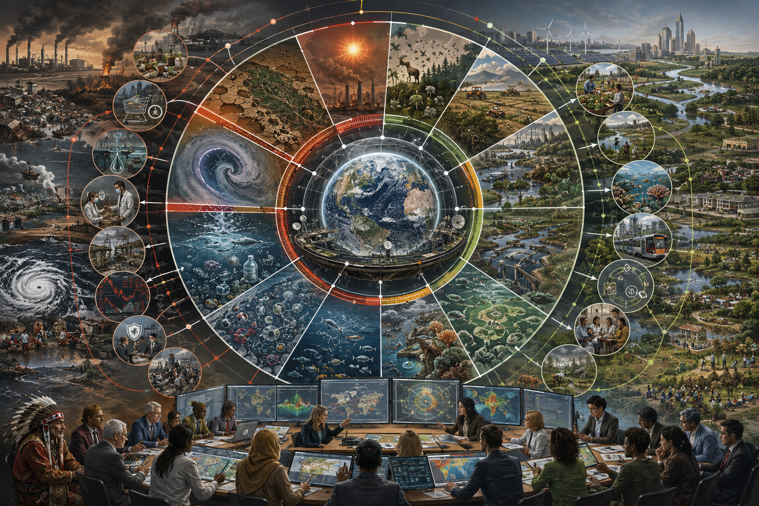 Editorial systems illustration showing Earth at the center of a planetary-boundaries framework, surrounded by climate, biodiversity, water, oceans, land, pollution, and human systems, with a global governance forum in the foreground.