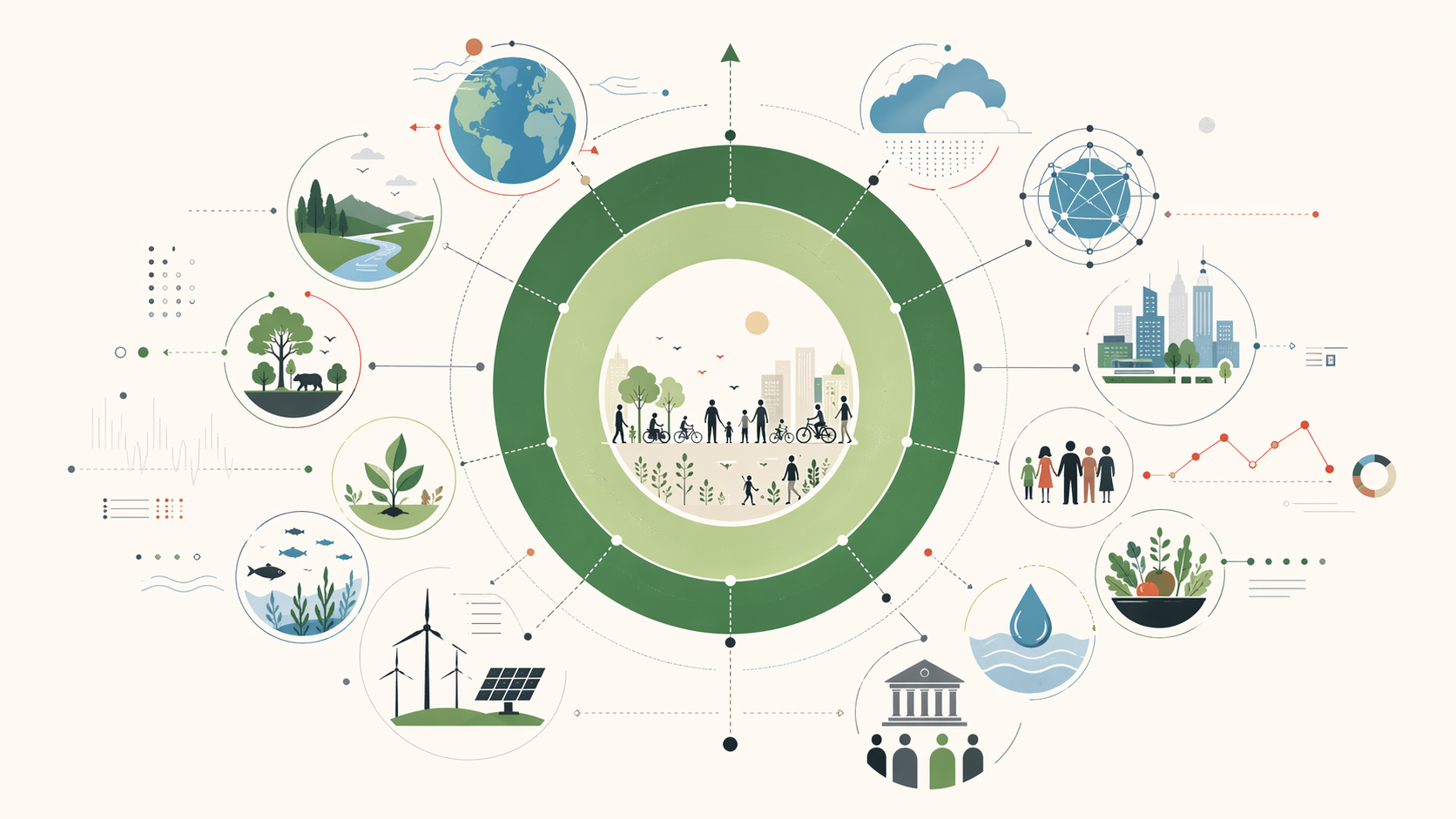 Editorial illustration showing a large green doughnut-shaped systems diagram with people, city life, ecosystems, water, food, energy, governance, climate, and biodiversity icons connected around a central safe and just space.