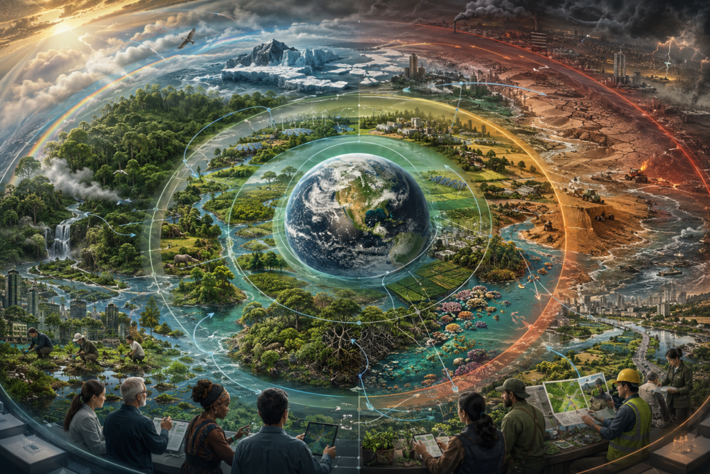 Editorial illustration showing Earth within layered resilience zones, interconnected ecosystems, climate and environmental pressures, and people collaborating to preserve planetary stability.