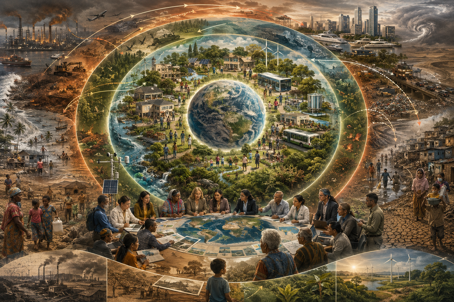 Editorial illustration showing planetary boundaries, unequal ecological use, climate vulnerability, governance, and human dignity within a safe and just Earth system.