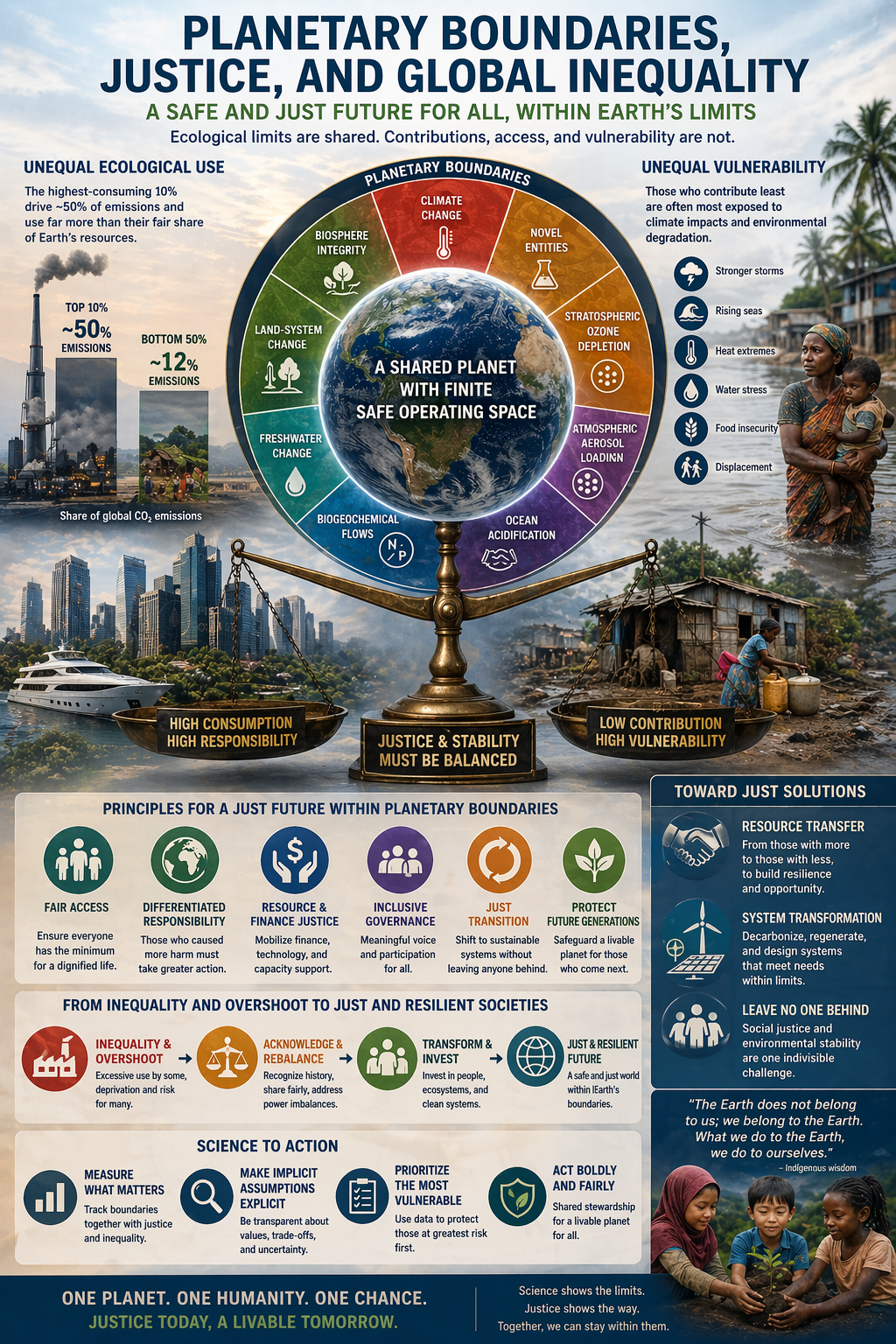 Infographic showing Earth balanced on a scale between high consumption and high vulnerability, surrounded by planetary boundary categories, inequality indicators, climate-risk icons, and principles for a just transition.