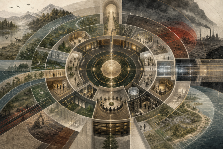 Editorial illustration of stewardship and ethics shown as a layered moral and ecological systems architecture, with a central stewardship core surrounded by institutional chambers, environmental landscapes, knowledge spaces, industrial pressure zones, and interconnected pathways of responsibility, justice, care, and long-term obligation.