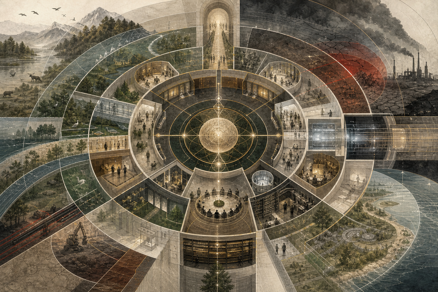 Editorial illustration of stewardship and ethics shown as a layered moral and ecological systems architecture, with a central stewardship core surrounded by institutional chambers, environmental landscapes, knowledge spaces, industrial pressure zones, and interconnected pathways of responsibility, justice, care, and long-term obligation.