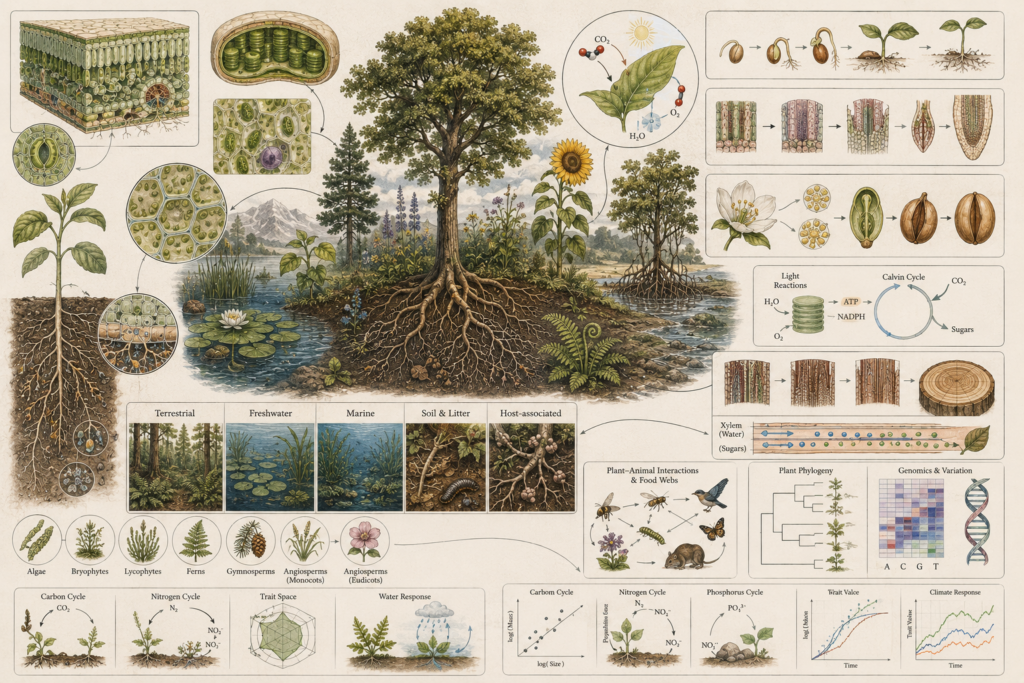 Research-grade botanical systems illustration showing plant life across terrestrial, freshwater, soil, and ecological contexts, with roots, leaves, flowers, seeds, vascular tissues, chloroplasts, photosynthesis, plant development, phylogeny, food webs, and environmental-response diagrams.