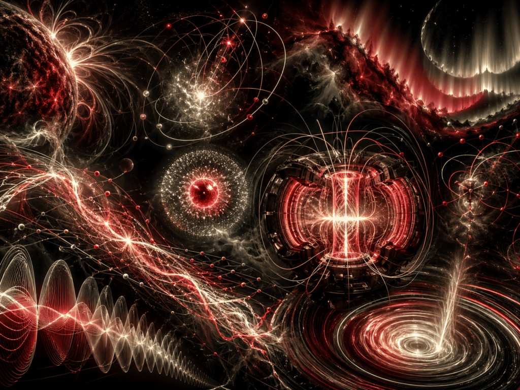 Editorial scientific illustration showing luminous plasma filaments, charged particle trajectories, magnetic field arcs, fusion confinement geometry, wavefronts, aurora-like plasma, and turbulent electromagnetic structures.