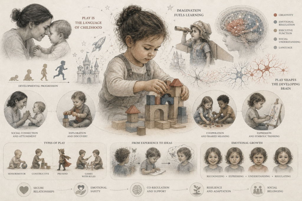 Research-grade illustration of childhood play and imagination, showing children building, pretending, exploring, creating, and interacting, with developmental brain networks and emotional, social, and cognitive growth motifs.