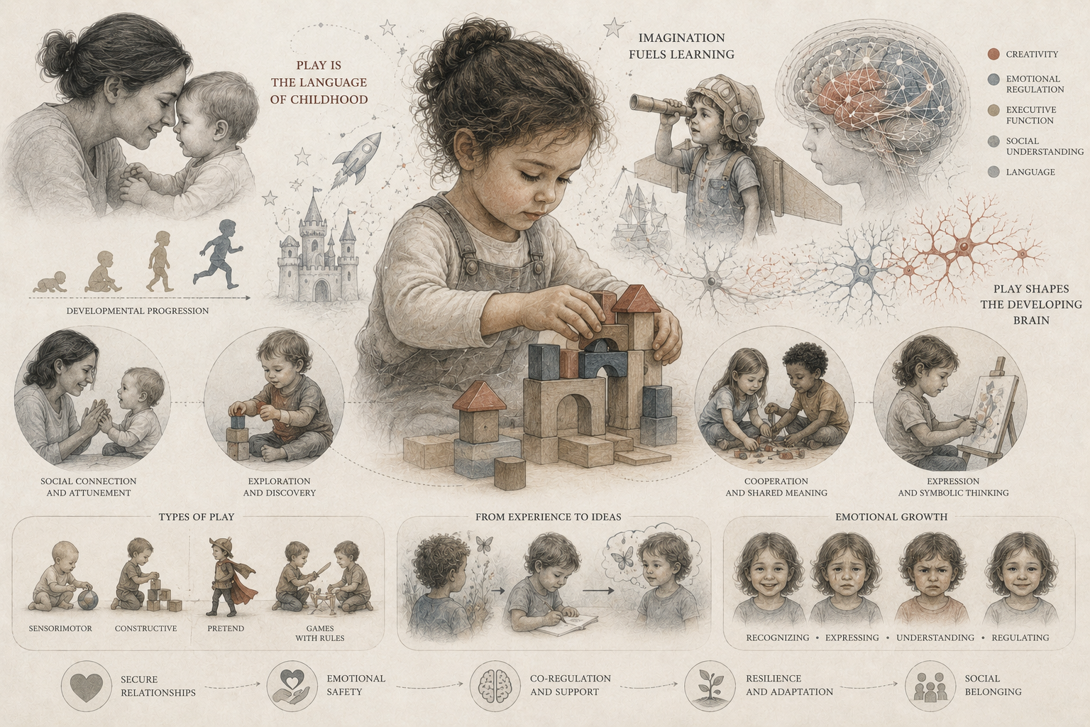 Research-grade illustration of childhood play and imagination, showing children building, pretending, exploring, creating, and interacting, with developmental brain networks and emotional, social, and cognitive growth motifs.