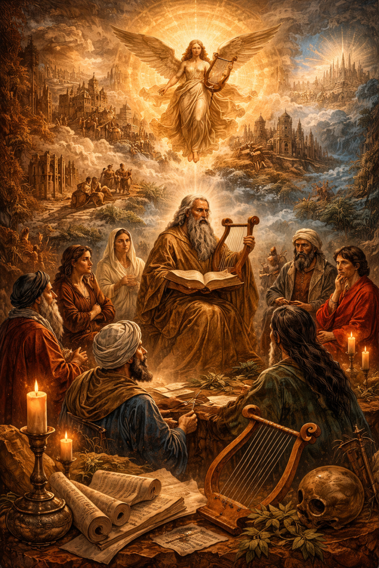 An allegorical painting of poets and listeners gathered around a bearded bard holding a lyre and open book, with candles, scrolls, and a radiant winged figure above, symbolizing poetry as memory, ritual, and imagination across civilizations.