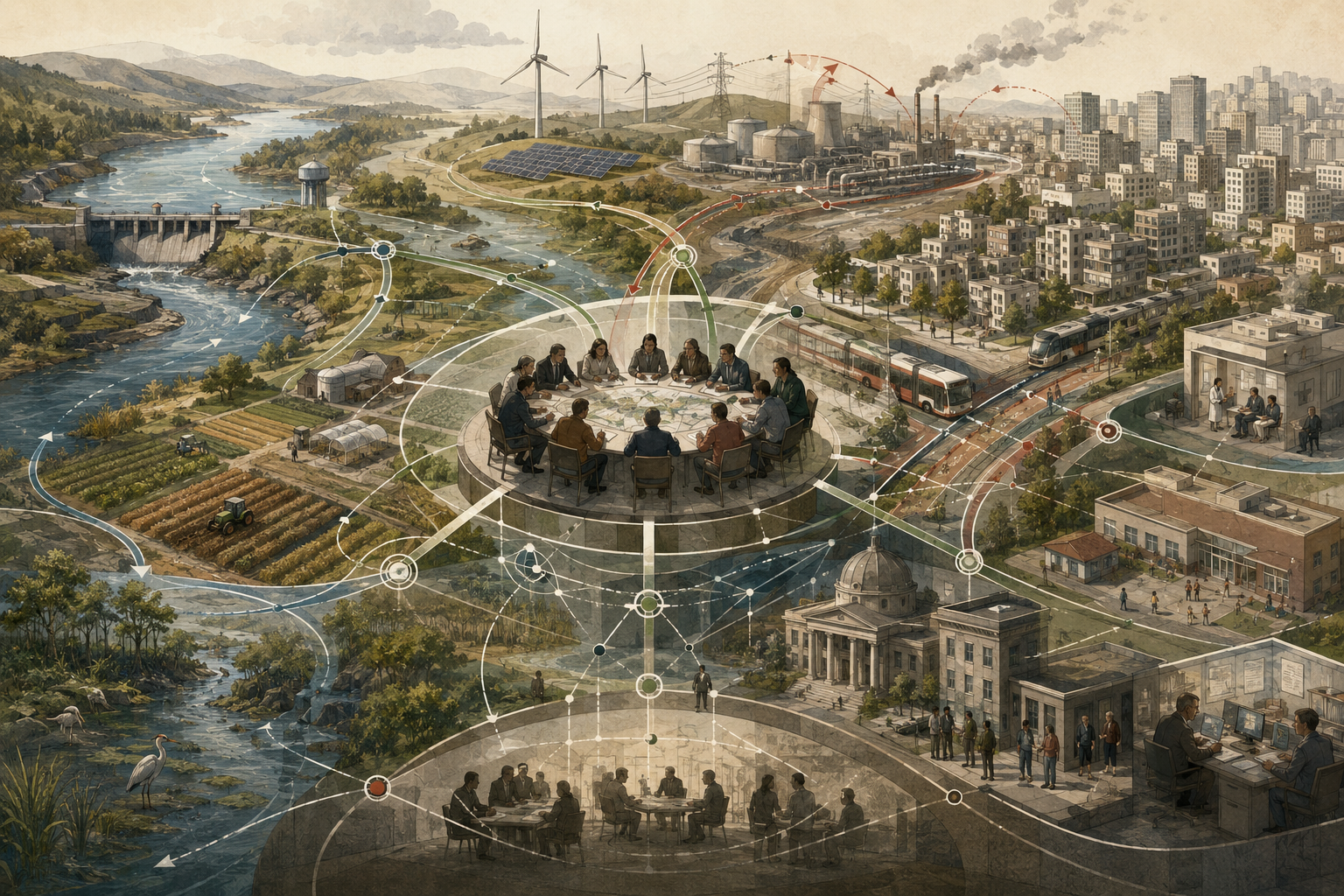 Editorial sustainability illustration showing interconnected water, energy, agriculture, housing, transport, health, ecosystems, industry, and governance systems linked by feedback loops and policy coordination pathways
