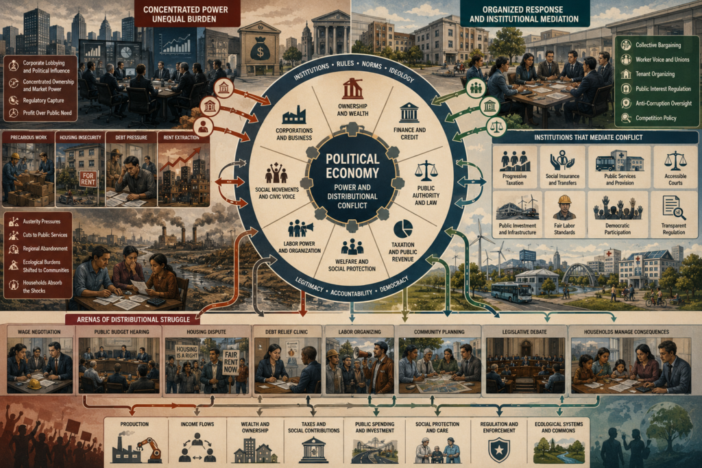 Editorial systems illustration showing political economy, ownership, labor power, finance, taxation, welfare, bargaining, housing insecurity, debt pressure, concentrated power, and institutions that mediate distributional conflict.