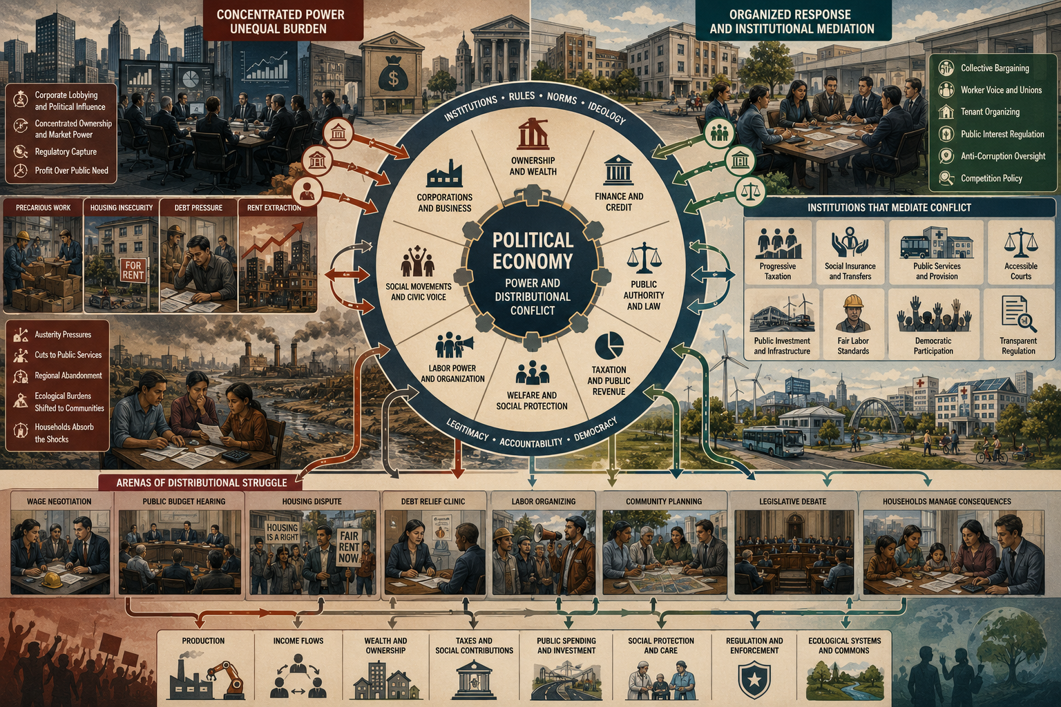 Editorial systems illustration showing political economy, ownership, labor power, finance, taxation, welfare, bargaining, housing insecurity, debt pressure, concentrated power, and institutions that mediate distributional conflict.