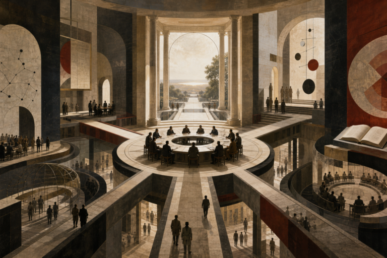 Editorial philosophical illustration of political philosophy and justice as a civic architecture of public reasoning, with converging pathways, deliberative forums, institutional thresholds, abstract civic networks, open books, and horizon light representing authority, liberty, equality, rights, democracy, legitimacy, and collective life.