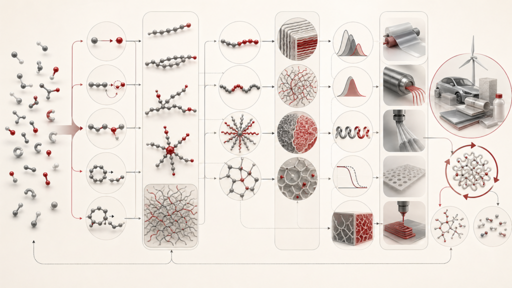 Abstract editorial scientific illustration showing polymer chemistry as a workflow connecting monomers, polymerization, chain architectures, morphology, processing, characterization, recycling, and functional macromolecular materials.
