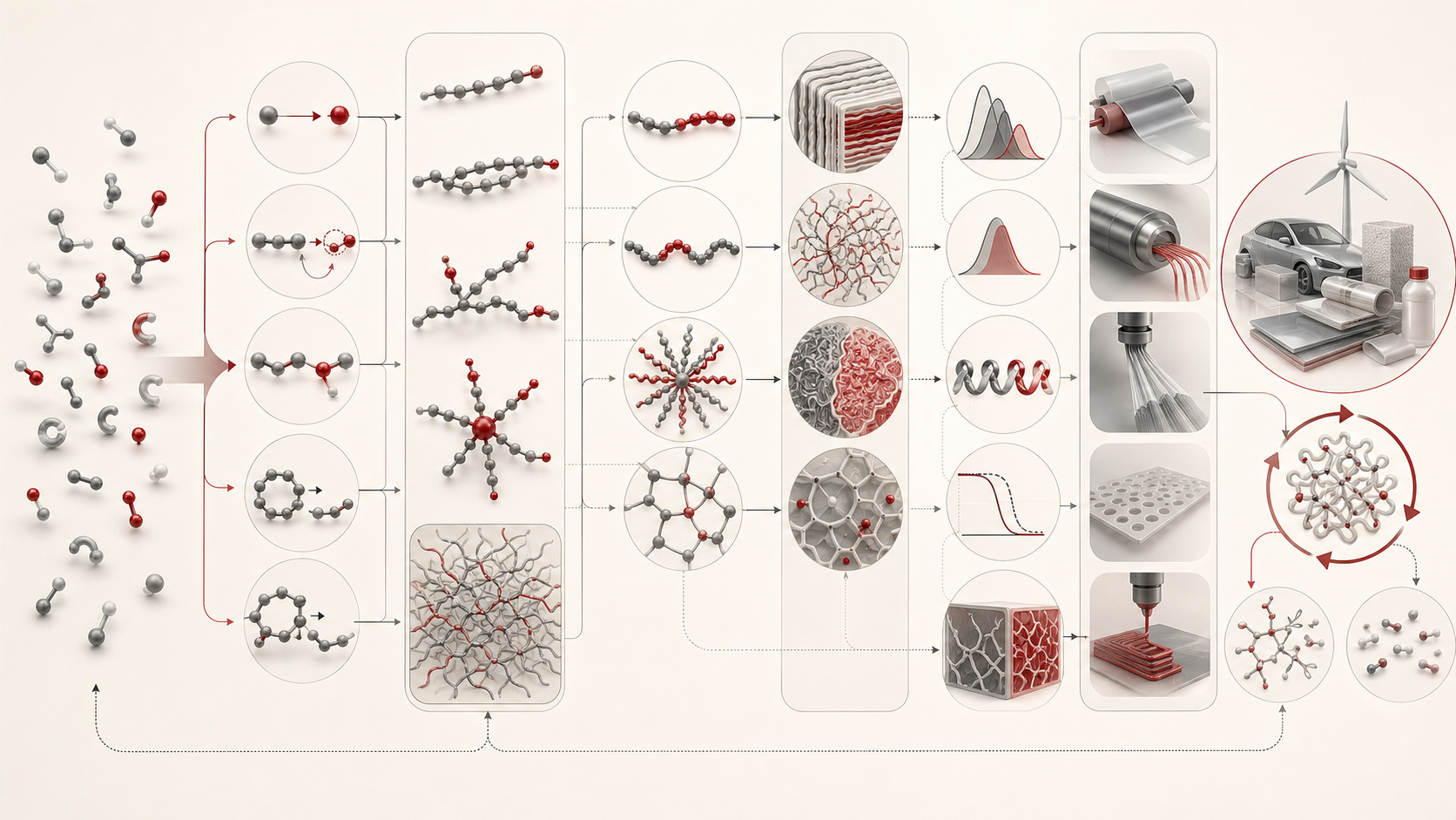 Abstract editorial scientific illustration showing polymer chemistry as a workflow connecting monomers, polymerization, chain architectures, morphology, processing, characterization, recycling, and functional macromolecular materials.