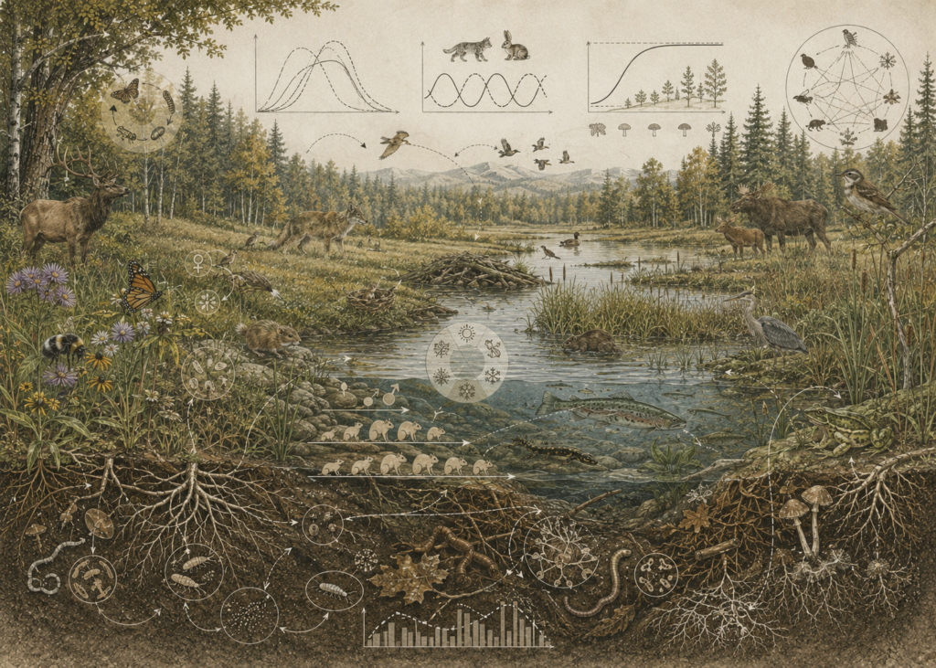 Research-grade ecological systems illustration showing a wetland and forest ecosystem with mammals, birds, amphibians, fish, insects, plants, roots, fungi, soil organisms, and subtle population-modeling diagrams.