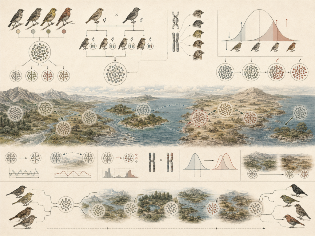 Research-grade population genetics illustration showing bird populations, inheritance patterns, chromosomes, allele-frequency changes, trait variation, geographic isolation, gene flow, selection, drift, and mathematical population models across connected landscapes.