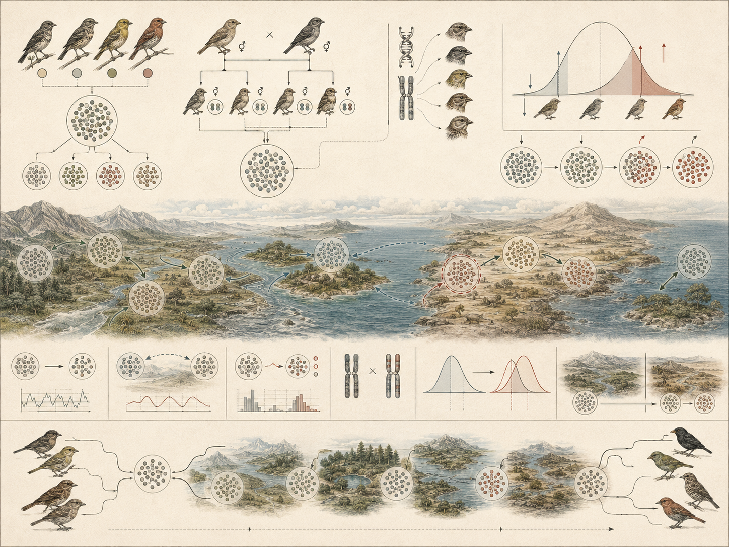 Research-grade population genetics illustration showing bird populations, inheritance patterns, chromosomes, allele-frequency changes, trait variation, geographic isolation, gene flow, selection, drift, and mathematical population models across connected landscapes.