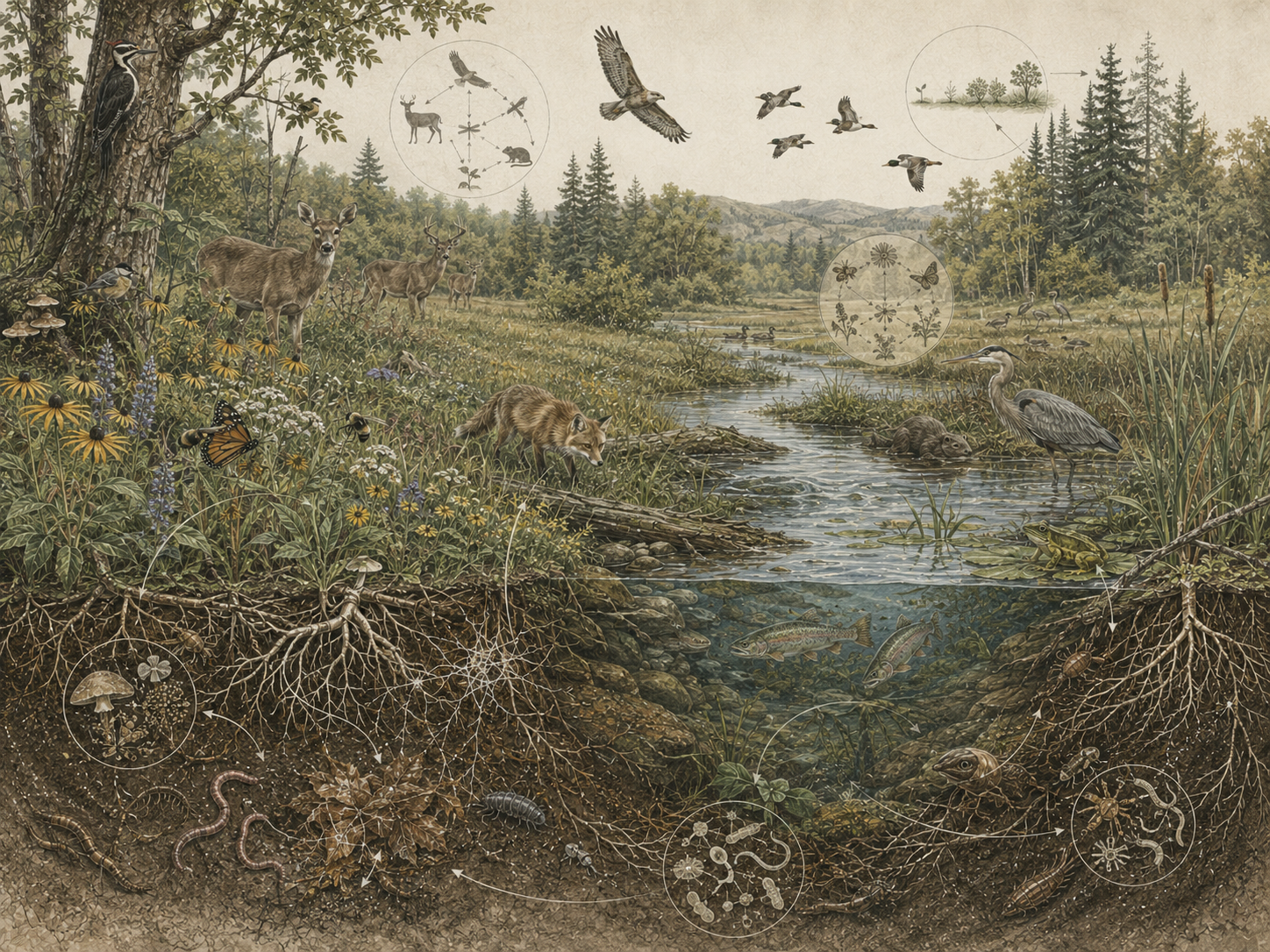 Research-grade ecological systems illustration showing forest, wetland, stream, soil, roots, fungi, plants, insects, fish, amphibians, birds, deer, foxes, and subtle ecological network diagrams representing population and community interactions.
