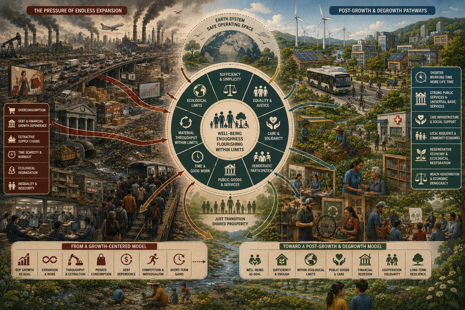 Editorial systems illustration showing post-growth and degrowth as alternatives to endless expansion, with sufficiency, care, public goods, ecological limits, shorter working time, repair economies, and democratic transition.